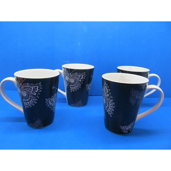 Roscher Butterfly Lace Collection Set Of 4 White On Black 4 1/2" Tall Cups Mugs - Picture 10 of 16